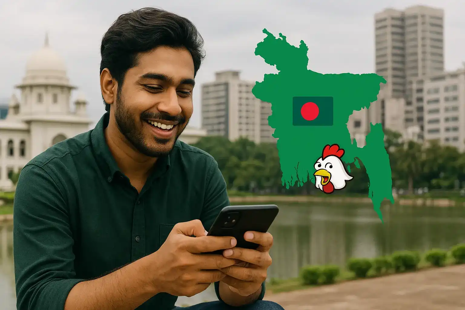 Smiling man using a smartphone with a map of Bangladesh and cartoon chicken overlaid in the background.