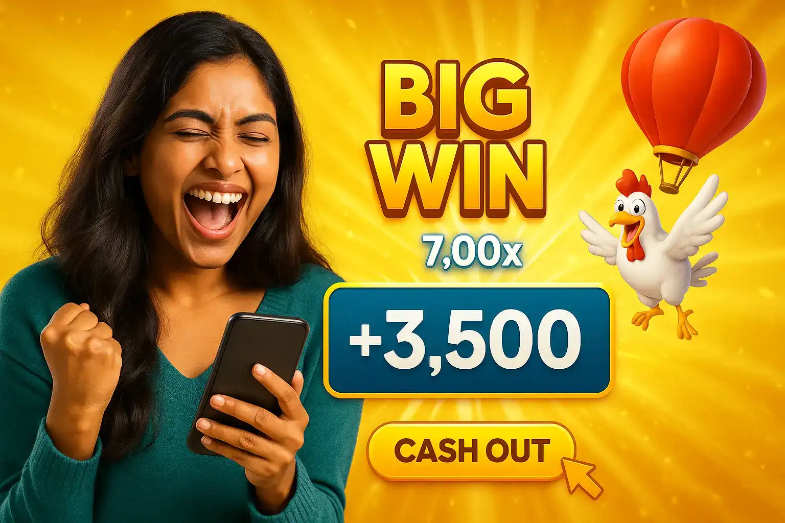 Excited woman holding phone next to BIG WIN message, 7.00x multiplier, +3,500 win and cartoon chicken.