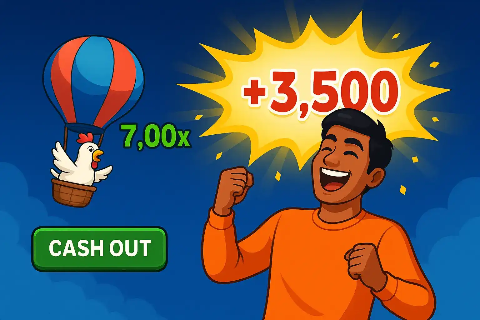 Happy man cheering with fists up as cartoon chicken in a balloon shows +3,500 win and 7.00x multiplier.