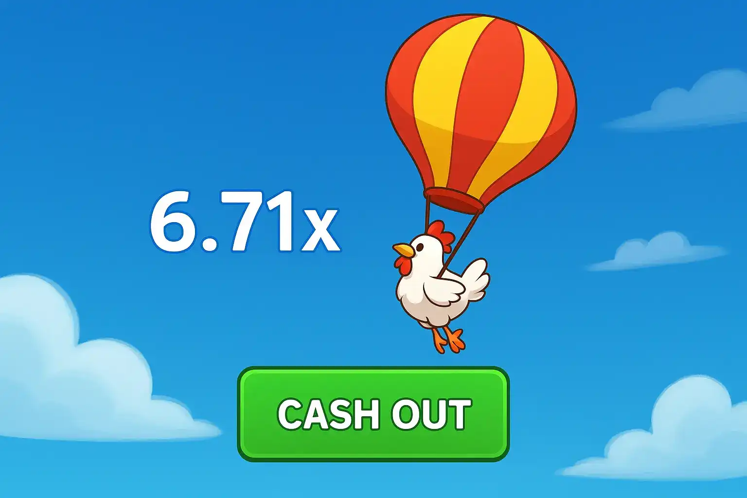 Cartoon chicken floating in a hot air balloon with a 6.71x multiplier and a green CASH OUT button below.