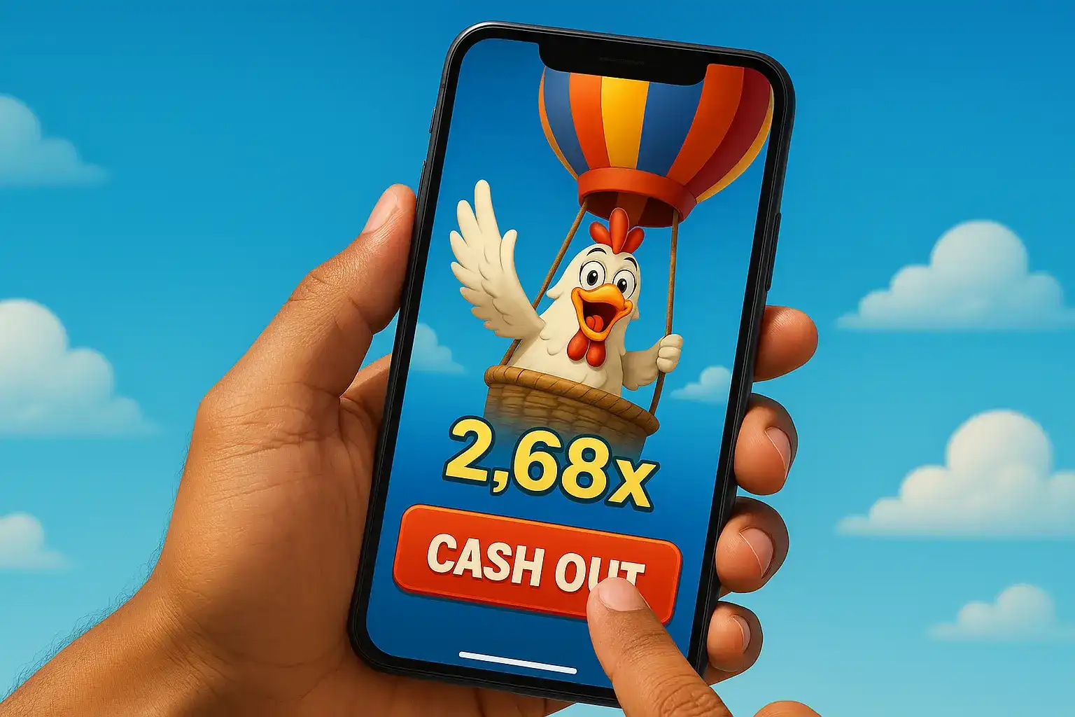 Hand holding a smartphone showing a chicken in a balloon with 2.68x multiplier and red CASH OUT button.