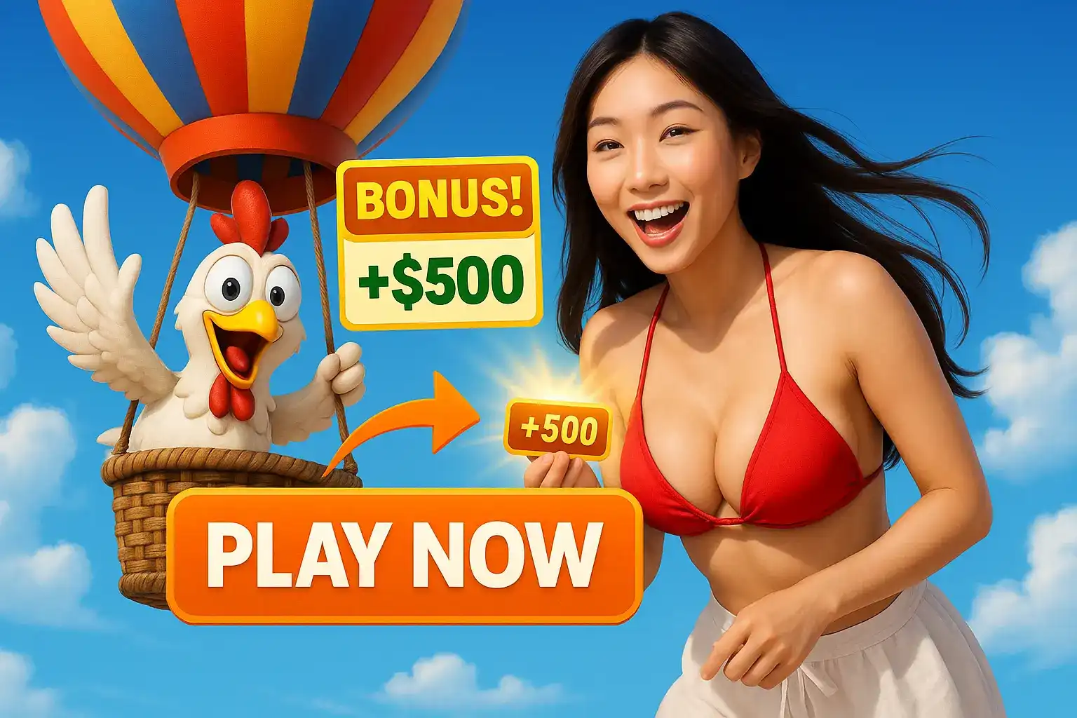 Smiling woman in red bikini holding a +500 bonus card next to a cartoon chicken in a hot air balloon promoting a casino bonus.