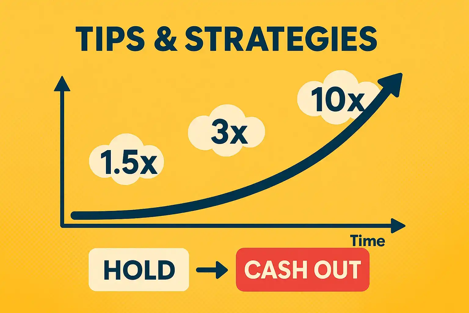Yellow background with a chart showing multipliers from 1.5x to 10x and tips to hold or cash out over time.